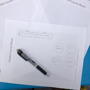 May include: A garden layout sheet with a grid pattern and handwritten labels for different types of plants, including Roma tomatoes, Big Boy tomatoes, bell peppers, basil, cherry tomatoes, and sage.