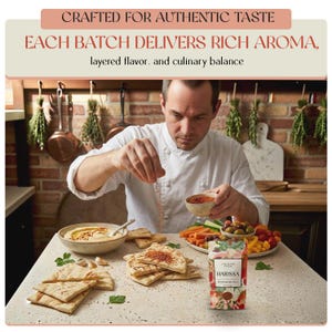 May include: A chef in a white coat sprinkles spices over a table of food, including hummus, pita bread, and vegetables. A package of "Harissa" spice is visible. The text at the top reads "Crafted for Authentic Taste."