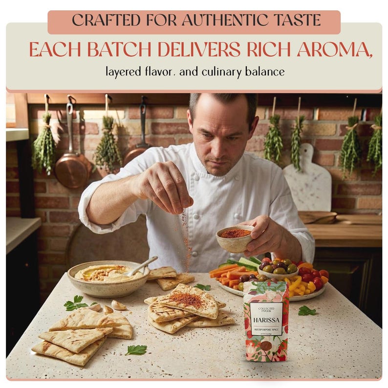May include: A chef in a white coat sprinkles spices over a table of food, including hummus, pita bread, and vegetables. A package of "Harissa" spice is visible. The text at the top reads "Crafted for Authentic Taste."