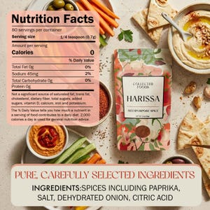 May include: A bag of "HARISSA" multipurpose spice from Collected Foods, with a floral design. The image includes a nutrition facts label, hummus, vegetables, olives, and pita bread. The ingredients include paprika, salt, dehydrated onion, and citric acid.