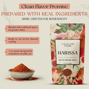 May include: A pouch of Collected Foods Harissa multipurpose spice, net weight 2 oz (56g), with a bowl of red spice. The packaging features floral and botanical illustrations. Text on the pouch reads "Clean Flavor Promise" and "Prepared with Real Ingredients".