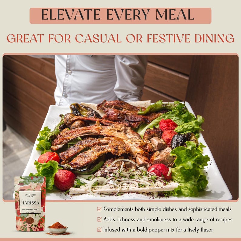 May include: A plate of grilled meats and vegetables, garnished with lettuce and tomatoes. The text "ELEVATE EVERY MEAL" and "GREAT FOR CASUAL OR FESTIVE DINING" are displayed above the food. A bag of "HARISSA" spice is in the foreground.