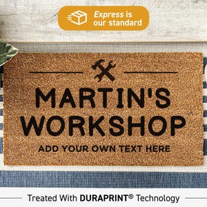 a door mat with the words martin's workshop on it