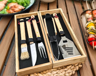Personalized Bamboo BBQ Tools & Box Set, Custom Engraved Barbecue Utensil Case, Grill Master, Gift For Him, Dad, Custom BBQ Tongs, Christmas