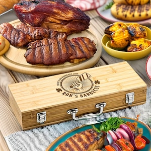 Personalised Bamboo BBQ Tool Box Set, Custom Engraved Barbecue Utensils Case, Grill Master, Groomsman, Dad Gift, Housewarming BBQ Gift