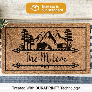 Custom Name Camping Welcome Door Mat, Campervan Decor, New Camper Gift Idea, Personalized Woods Family Name Camper Rug, New Entry Doormat