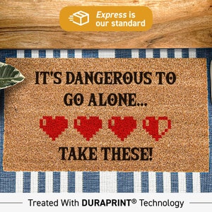 It&#39;s dangerous to go alone take these hearts doormat, gamer heart symbol mat, legend of zelda doormat, zelda health icon doormat, zelda gift