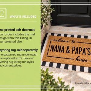 Example Nana and Papa coir mat over a striped rug. One printed coir mat in the selected size is included; the layering rug is sold separately. See the rug listing for styles and current prices.