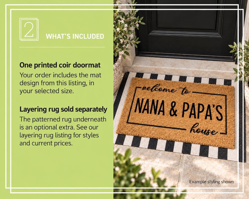 Example Nana and Papa coir mat over a striped rug. One printed coir mat in the selected size is included; the layering rug is sold separately. See the rug listing for styles and current prices.