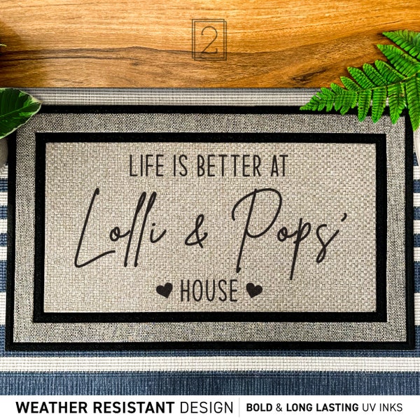 Gepersonaliseerde deurmat voor lolly's en pop, aangepaste welkomstmat familienaam, deurmat voor voordeur grootouders, woondecoratie, gepersonaliseerd cadeau