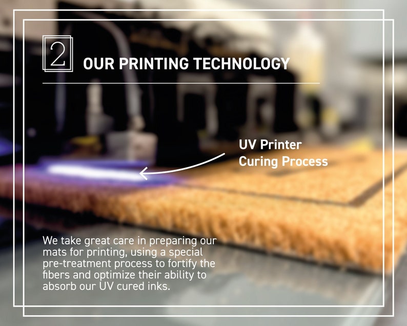 Op de afbeelding: Een close-up van een bruine kokosvezel deurmat die wordt bedrukt met een UV-printer. De tekst "OUR PRINTING TECHNOLOGY" staat bovenaan de afbeelding. De tekst "UV Printer Curing Process" staat onderaan de afbeelding. De tekst "We take great care in preparing our mats for printing, using a special pre-treatment process to fortify the fibres and optimise their ability to absorb our UV cured inks." staat onderaan de afbeelding.
