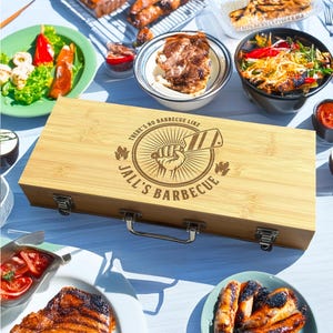 Personalised BBQ Tools Set in Bamboo Case with Custom Engraving – Grill Master Gift for Him – Outdoor Barbecue Accessories for Dad image 9