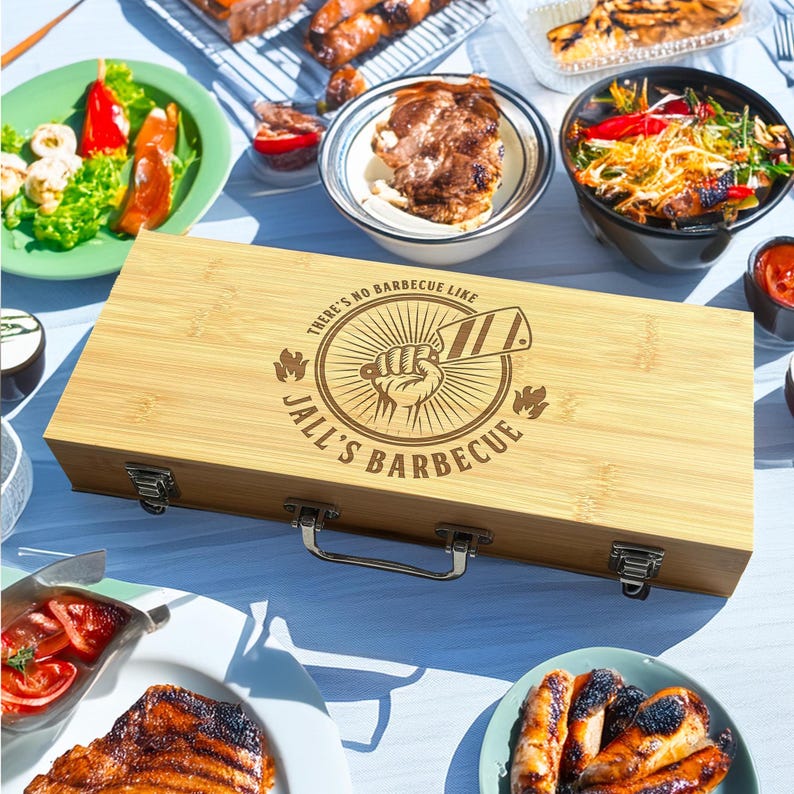 Personalised BBQ Tools Set in Bamboo Case with Custom Engraving – Grill Master Gift for Him – Outdoor Barbecue Accessories for Dad image 9