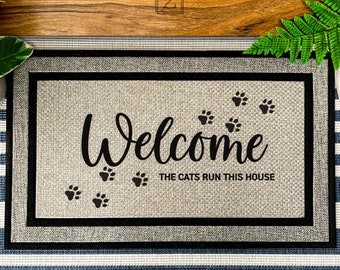 The Cats Run This House Funny Cat Pawprints Mat, Paw Prints Across The Mat Custom Welcome Doormat, Cat All Weather Rug, Outdoor Doormat