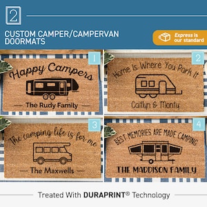 Personalized Camping Family Name Doormat, Custom Camper Doormat, CRV Camping Door Mat, Camping Gifts, Coir Mat Camping Decor, Camp Life Rug