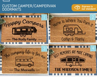 Personalized Camping Family Name Doormat, Custom Camper Doormat, CRV Camping Door Mat, Camping Gifts, Coir Mat Camping Decor, Camp Life Rug