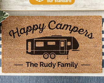 Happy Campers Personalized Camping Coir Doormat, Custom Camper Outdoor Door Mat, Camping Gift Ideas, Camping Life Rug, Family Gifts For Dad