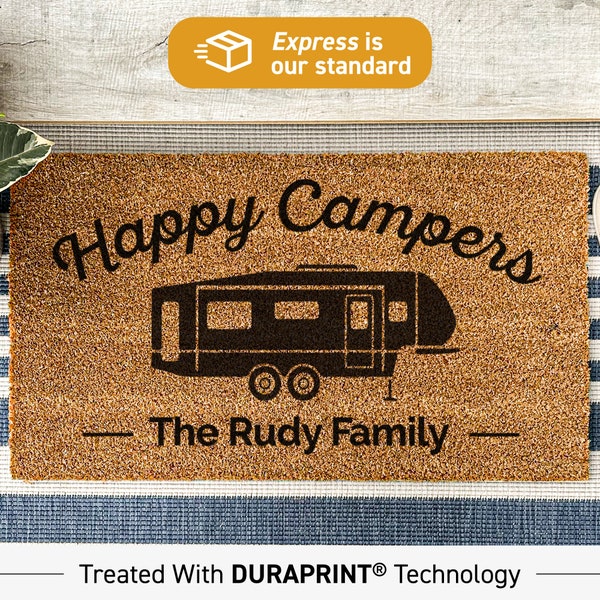 Happy Campers Personalized Camping Coir Doormat, Custom Camper Outdoor Door Mat, Camping Gift Ideas, Camping Life Rug, Family Gifts For Dad