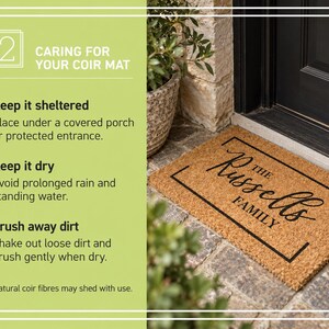 Coir care guide: use in a sheltered entrance, avoid prolonged rain and standing water, and shake or brush off dry dirt. Natural coir fibres may shed. Illustrated with a family-name doormat.