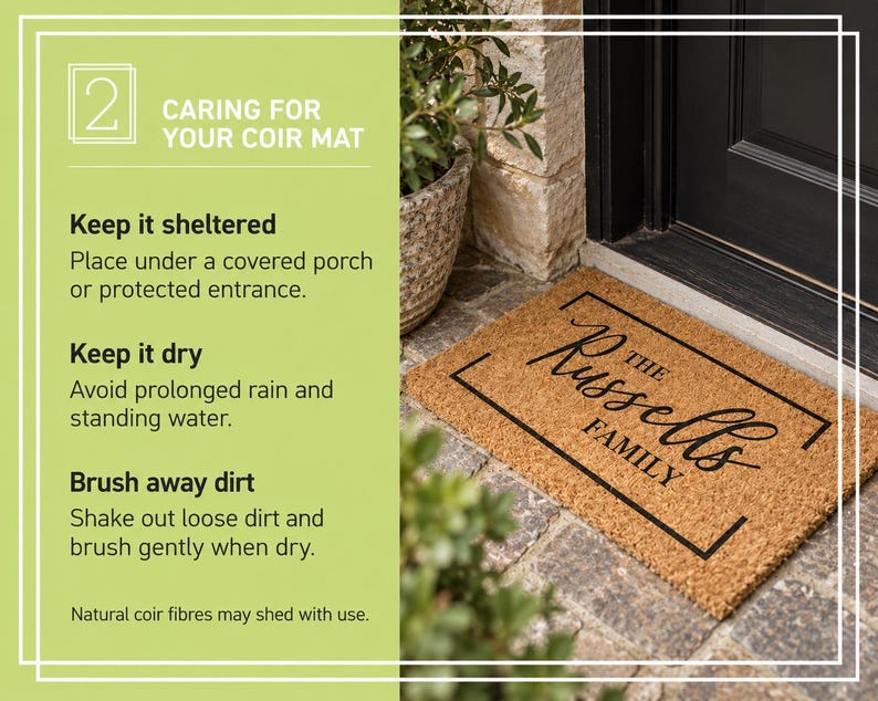 Coir care guide: use in a sheltered entrance, avoid prolonged rain and standing water, and shake or brush off dry dirt. Natural coir fibres may shed. Illustrated with a family-name doormat.