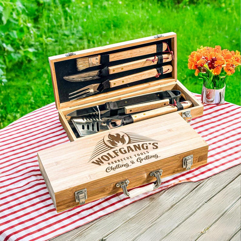 Personalised BBQ Tools Set in Bamboo Case with Custom Engraving – Grill Master Gift for Him – Outdoor Barbecue Accessories for Dad image 1
