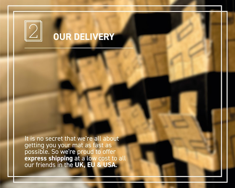 Puede incluir: Un primer plano de una pared cubierta de cuadrados de cart&oacute;n marr&oacute;n. El texto "2 OUR DELIVERY" est&aacute; en la parte superior de la imagen. El texto de abajo dice "No es ning&uacute;n secreto que nos dedicamos a que recibas tu alfombra lo m&aacute;s r&aacute;pido posible. Por eso estamos orgullosos de ofrecer env&iacute;o expr&eacute;s a un bajo costo para todos nuestros amigos en el Reino Unido, la UE y los EE. UU."
