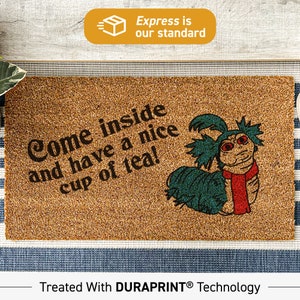 May include: A brown coir doormat with the text "Come inside and have a nice cup of tea!" and a cartoon green and red worm-like creature with a red scarf.