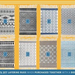 May include: Eight different patterned rugs with fringed edges. The rugs are arranged in two rows of four. The rugs are in various colors, including black, white, gray, blue, and brown. The text "GET 50% OFF LAYERING RUGS WHEN PURCHASED TOGETHER WITH A DOORMAT!" is at the bottom of the image.