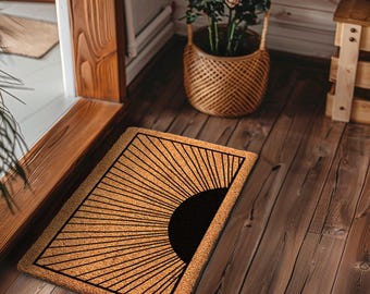 Felpudo abstracto Sunrise, felpudo de fibra de coco personalizado, felpudo retro moderno, felpudo de mediados de siglo, felpudo estampado, estampado abstracto de mediados de siglo 634