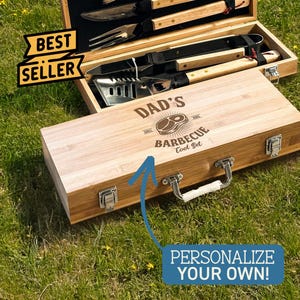 Personalisiertes Grillbesteck mit Gravur im Holzbambuskoffer – Personalisiertes Vatertagsgeschenk