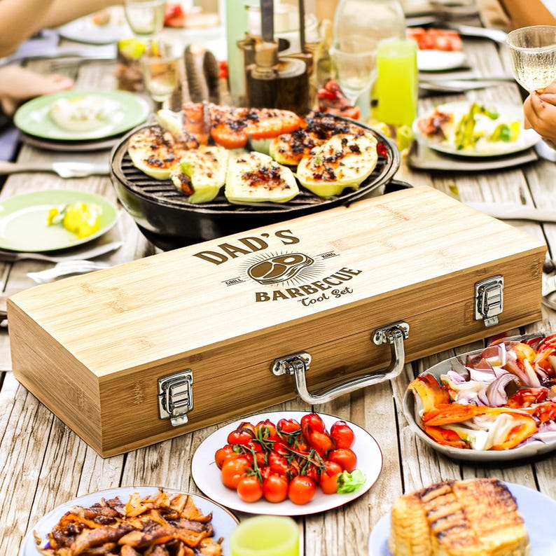 Personalised BBQ Tools Set in Bamboo Case with Custom Engraving – Grill Master Gift for Him – Outdoor Barbecue Accessories for Dad image 8