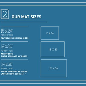 May include: A white graphic on a blue background shows different mat sizes with their corresponding dimensions and suggested uses. The sizes are 16 x 24, 18 x 30, and 24 x 36 inches.