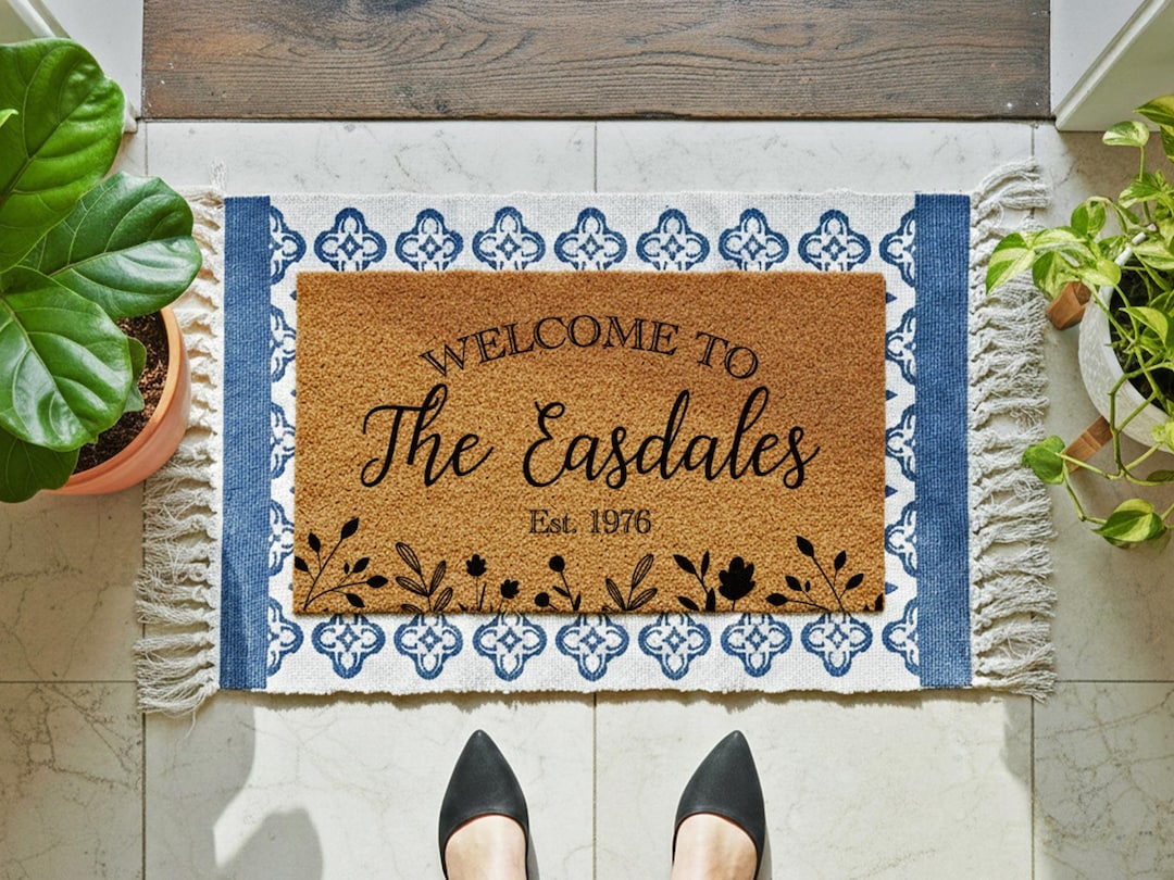 Pretty Flower Border Rug | Custom Welcome Name Home Accessory - Etsy