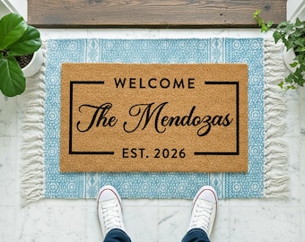 The Mendozas Custom Welcome Mat | Stylish Script Entryway | Gift Idea