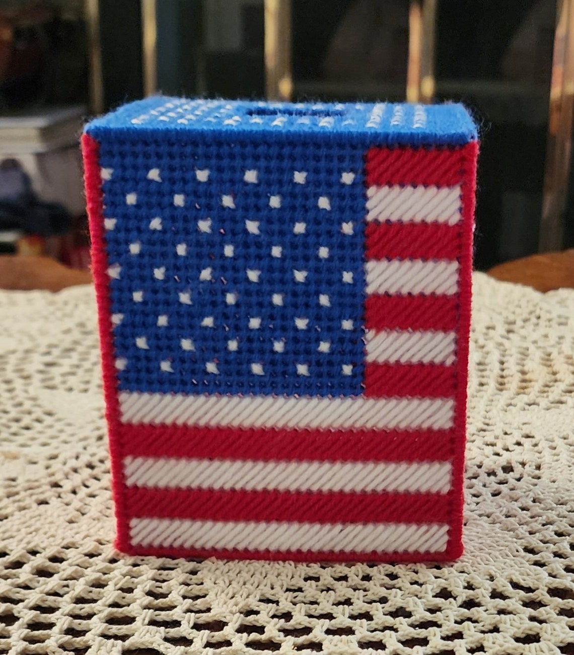 New Handmade American Flag Plastic Canvas Tissue Box Cover. This Item ...