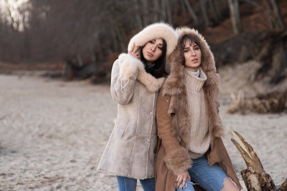 Manteau MOSCHYKO Peau D'agneau Toscane - Capuche Fourrure, Ceinture - Taille S Camel