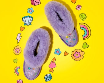 Carpe diem embroidered lilac slippers by Sheepers