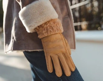 Gants en peau de mouton à coutures beiges Sheepers