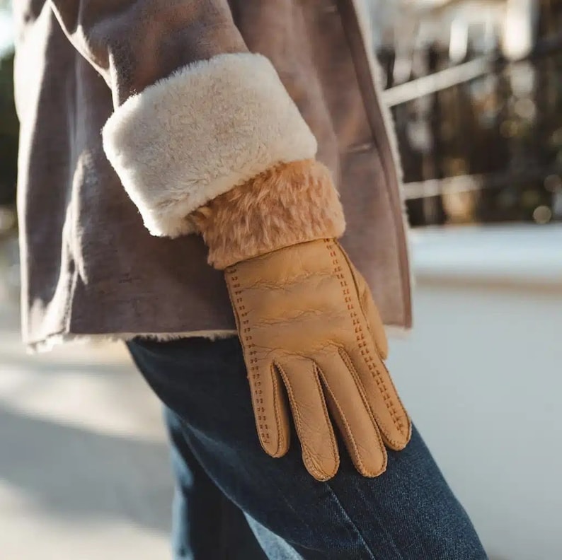 Gants en peau de mouton à coutures beiges Sheepers image 1