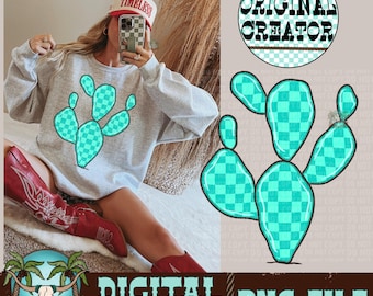 Turquoise Checkered Cactus PNG | Western Graphic (Digital Download)