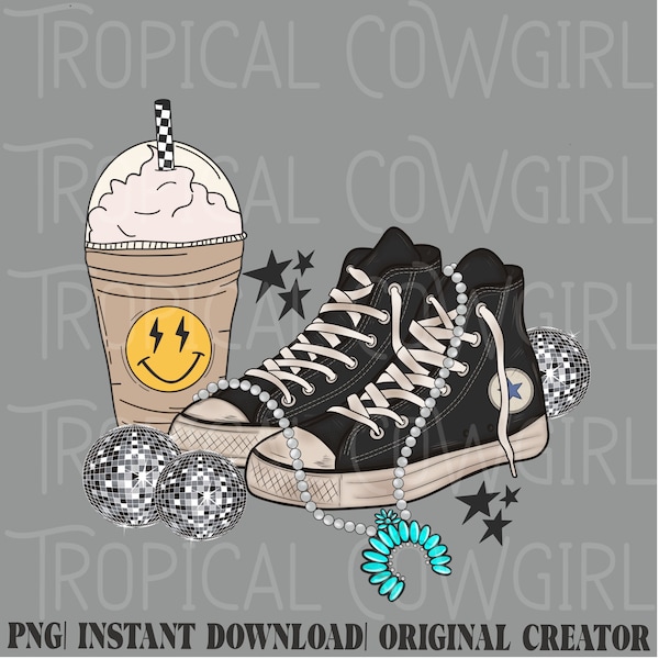 ORIGINAL CREATOR** Baskets western PNG| Café glacé png| Chic occidental png| Sublimation| Chaussures montantes png| Bijoux occidentaux png