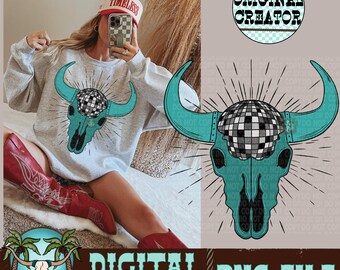 Disco Bull Skull PNG | Western Cowgirl Art (Digital Download)