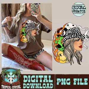 Puede incluir: Camiseta marrón con un gráfico de una mujer con un sombrero a cuadros fumando, con el texto "Pretty Reckless". El diseño incluye llamas, un dado y una carita sonriente. La imagen también incluye el texto "Digital PNG File".
