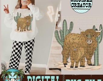 Highland Cow & Calf PNG | Western Sublimation Design (Instant Download)