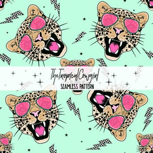 May include: Seamless pattern featuring a leopard wearing pink sunglasses with a roaring expression. The background is a light green color with black and white checkered flags, lightning bolts, and stars.