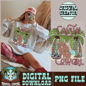 Coastal Cowgirl PNG, western png, highland cow png, cow png, tropical png, sublimation