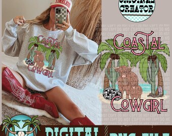 Coastal Cowgirl Highland Cow PNG, Tropical Western Sublimation (Digital Download)