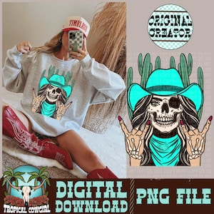 Skeleton Cowgirl PNG, Western Skull Design (Digital Download)