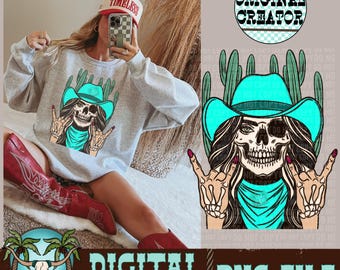 Skeleton Cowgirl PNG, Western Skull Design (Digital Download)