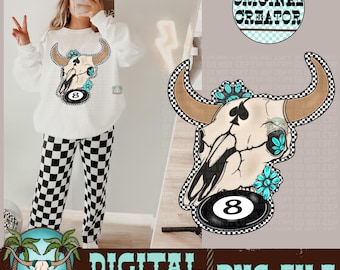Cowgirl Stier-Schädel PNG, Türkis Western-Design (Instant Download)